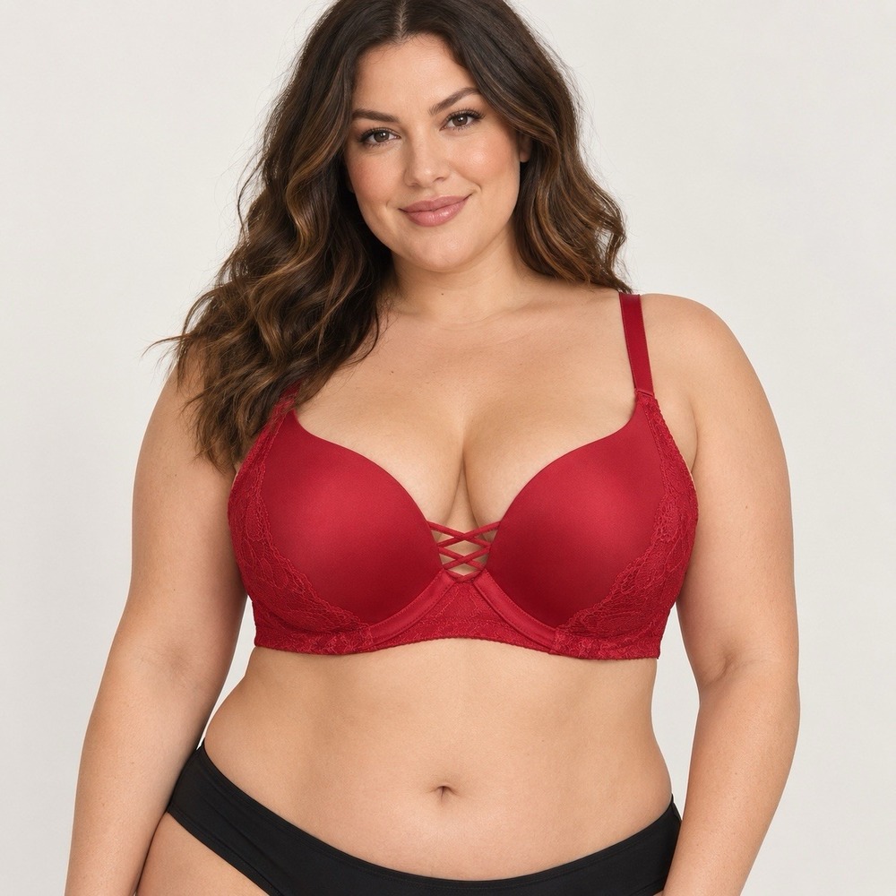 Torrid Curve 42C Jester Red XO Plunge Push Up Bra Lace 360 Back Smoothing Plus